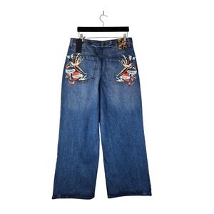 Ed Hardy Womens Wide Leg Jeans Retro Medium Wash Tattoo Graphics  Sz 30